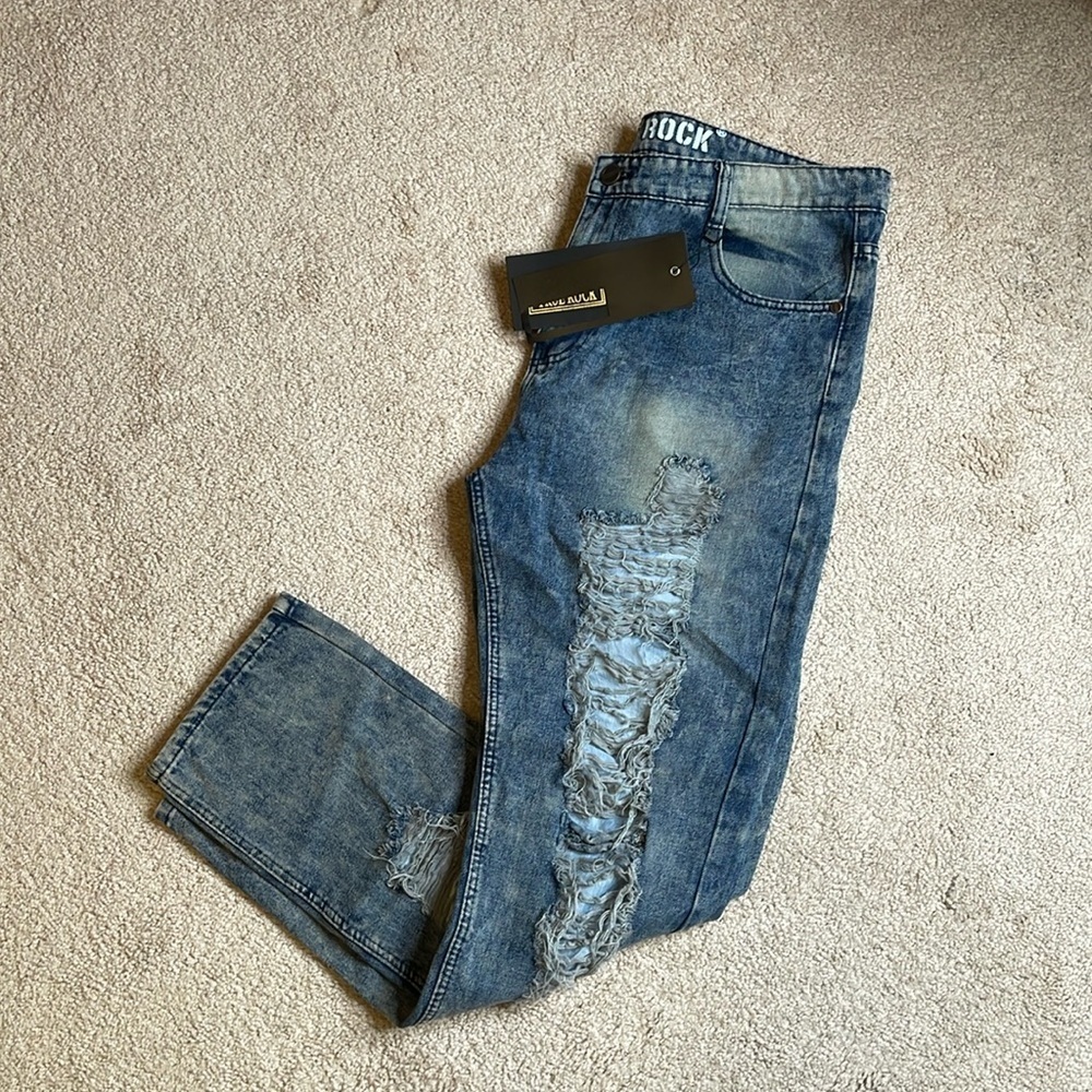 NWT TRUE ROCK Blue Slim Fit Jeans with Distressed Details (Size 40x34)